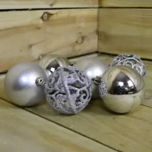 Image of Pack of 6 80mm Shiny Silver Shatterproof Christmas Tree Baubles Various Designs