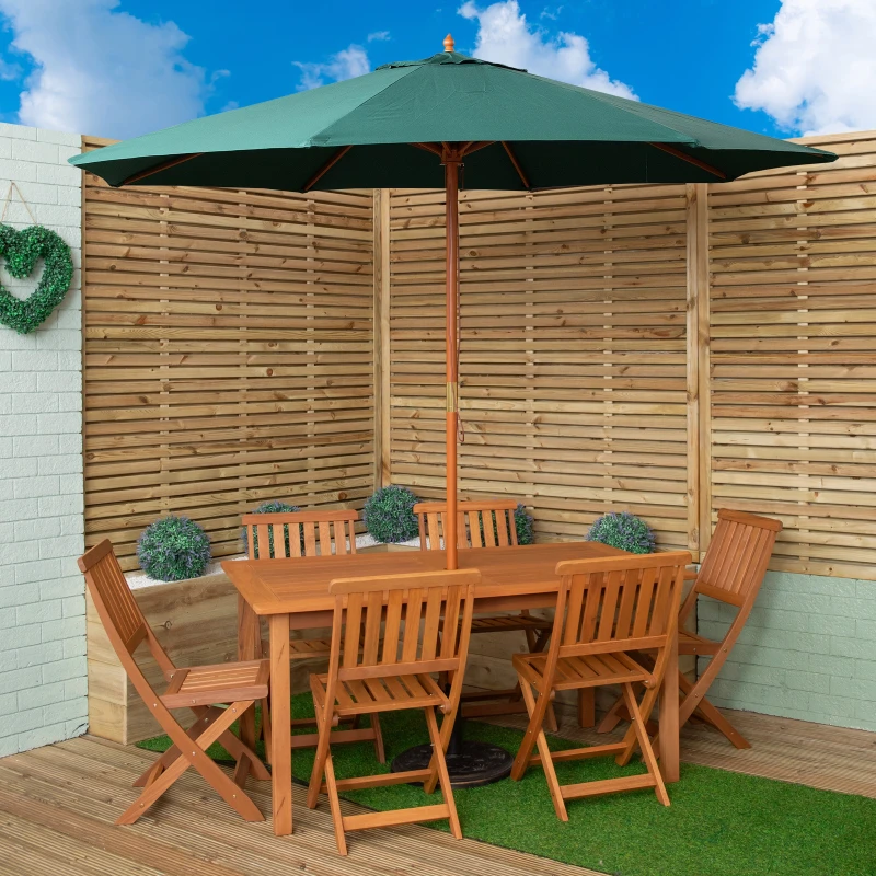 Image of Outdoor 6 Person Rectangular Wooden Garden Patio Dining Table Chairs with Green Parasol and Base Set