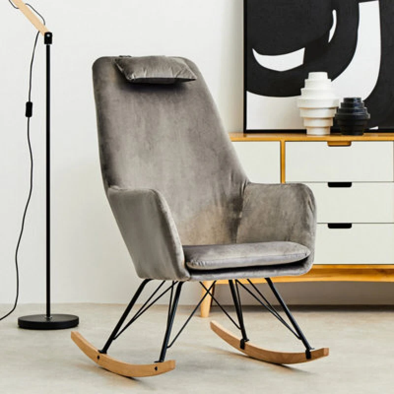 Image of Orsina Grey Velvet Rocking Chair, Easy To Clean Velvet Accent Chair, Arm And Backrest Support Comfy Armchair