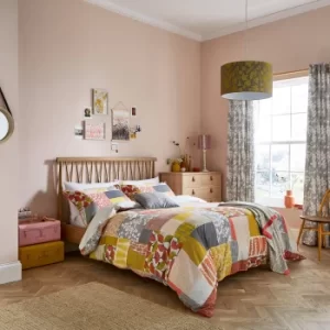 Image of Clarissa Hulse Ginkgo Patchwork Pink and Mustard 100% Cotton Reversible Duvet Cover and Pillowcase Set MultiColoured