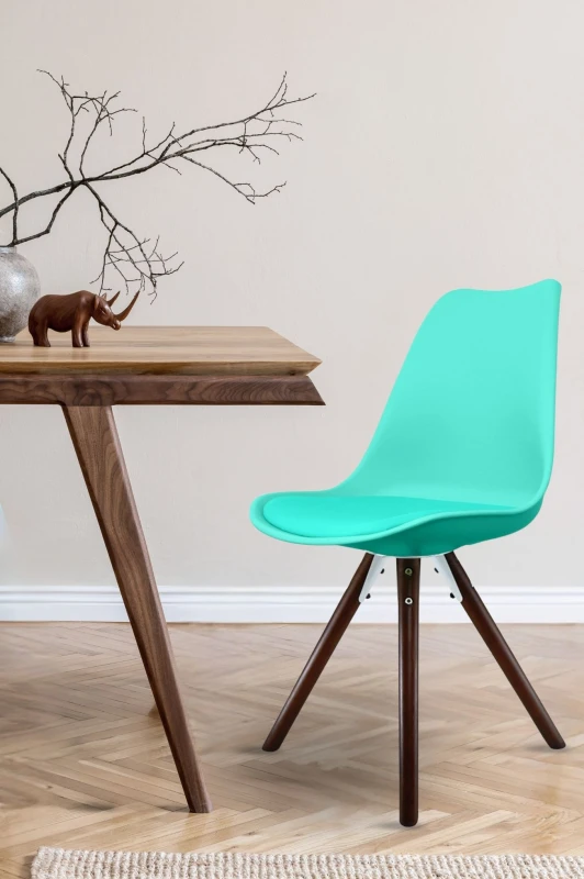 Image of Fusion Living Soho Plastic Dining Chair with Pyramid Dark Wood Legs Aqua
