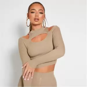 Image of I Saw It First Rib Cold Shoulder Cut Out Knit Crop Top - Neutral