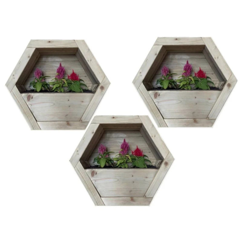 Image of Buttercup Farm Large Hanging Wooden Hexagon Wall Planter (Set of 3) in Light Brown Light Brown Unisex