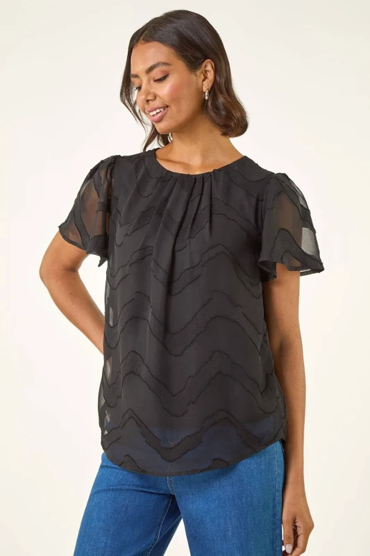 Image of Roman Womens Jacquard Zig Zag Top in Black Size: 12 Black Female 12