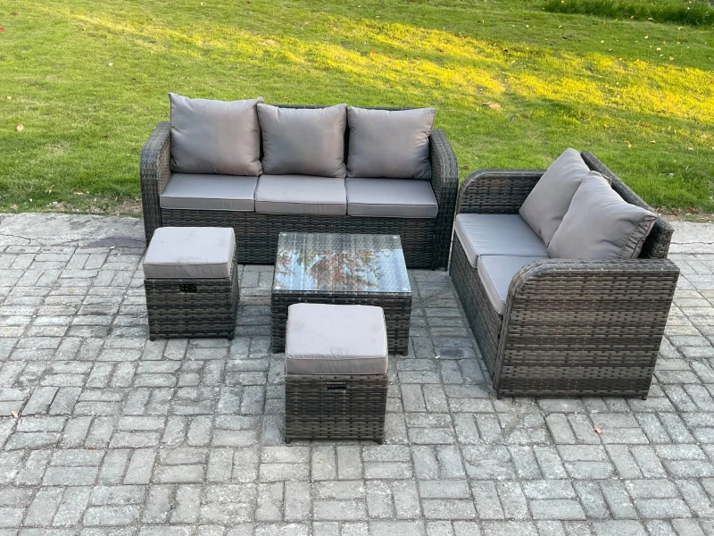 Image of Fimous PE Rattan Garden Furniture Sets 7 Seater Outdoor Lounge Sofa Set Square Coffee Table 2 Small Footstools Dark Grey