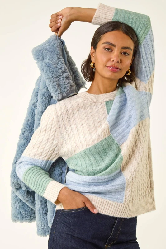 Image of Roman Womens Colour Block Cable Knit Jumper in Ivory Size: 20 Ivory Female 20