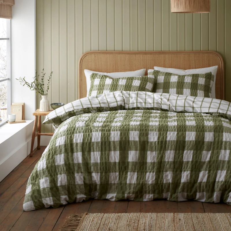 Image of Catherine Lansfield Olive Gingham Seersucker Duvet Cover and Pillowcase Set