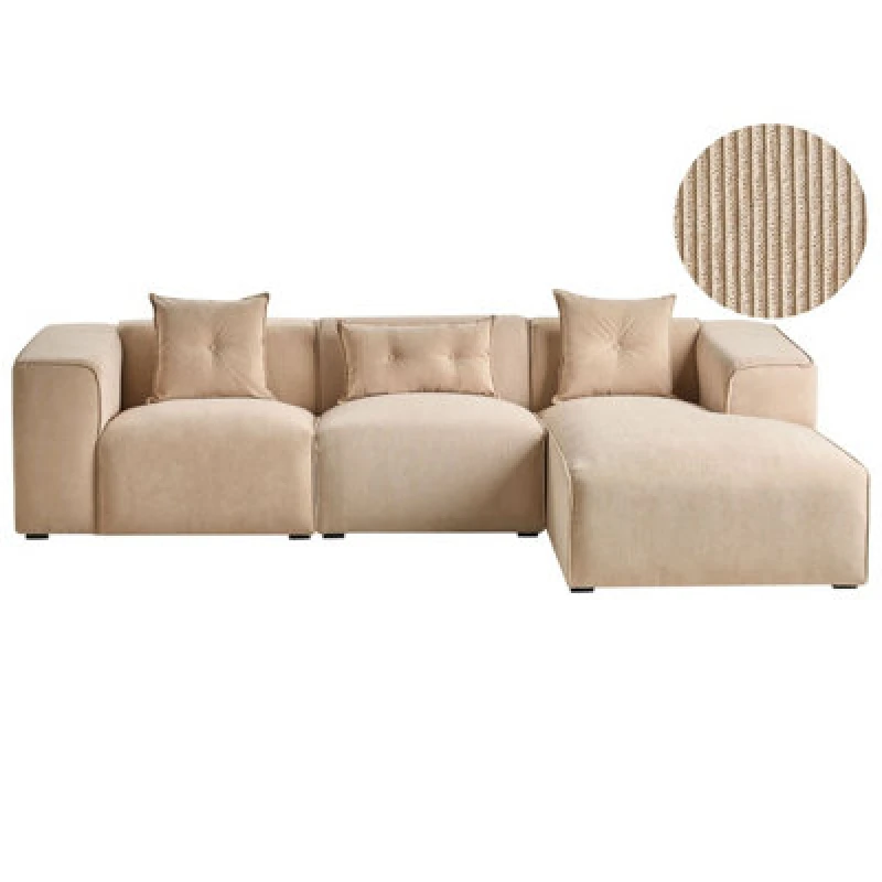 Image of Beliani Corner Sofa 3 Seater Dolva Corduroy Beige Left Hand