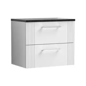 Image of Nuie Deco Satin White 600mm Wall Hung 2 Drawer Vanity Unit with Sparkling Black Laminate Worktop - DPF193LSB - Satin White