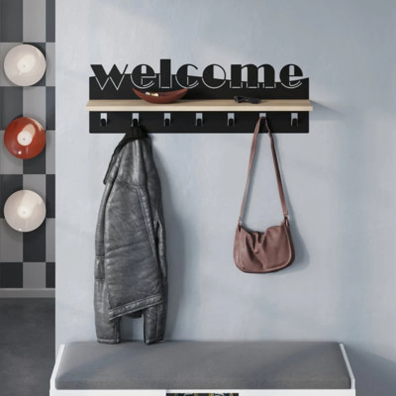 Image of Decortie Modern Welcome Letter Wall Hanger Oak Metal 7 Metal Hooks For Hanging Shelf Rack Hotels Hallway Bedroom (Black)