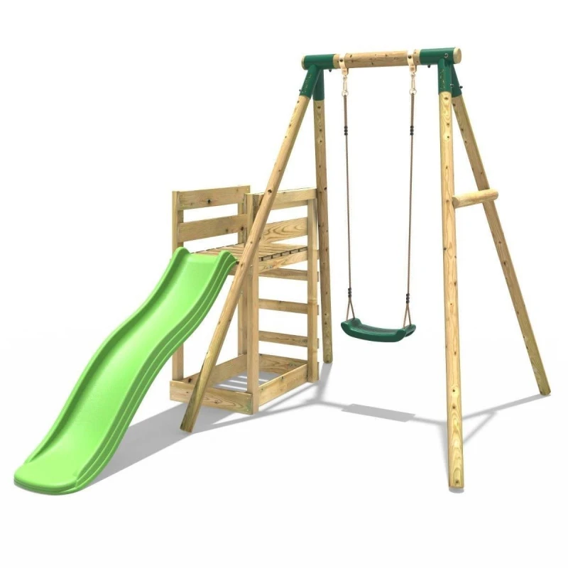 Image of Rebo Wooden Single Swing Set with Slide - Solar Green Green