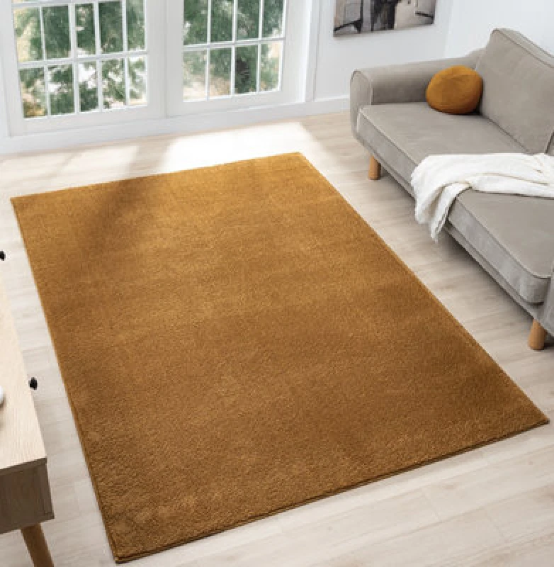 Image of Comfy Washable Low Pile Living Room Area Rug - Anti Slip Felt Backing Gold 120Cm X 160Cm