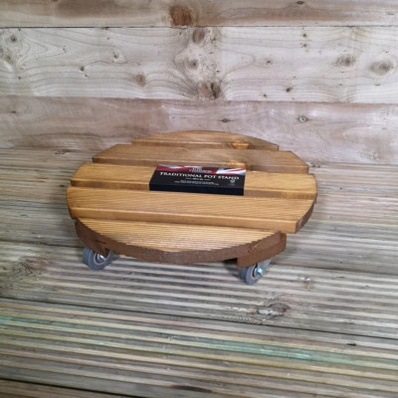 Image of Samuel Alexander Heavy Duty Round Traditional Wood Garden Patio Plant Flower Pot Stand Caddy Trolley On Strong Metal Castor Wheels 30Cm