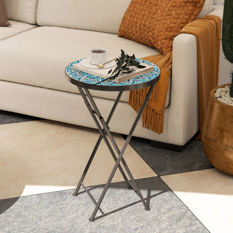 Image of Outsunny Mosaic Garden Table, 35.5cm Folding Coffee Table, Blue 84G-614V00BU