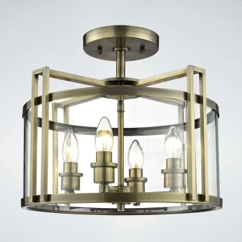 Image of Eaton Semi-Ceiling Light 4 Bulbs antique brass / glass