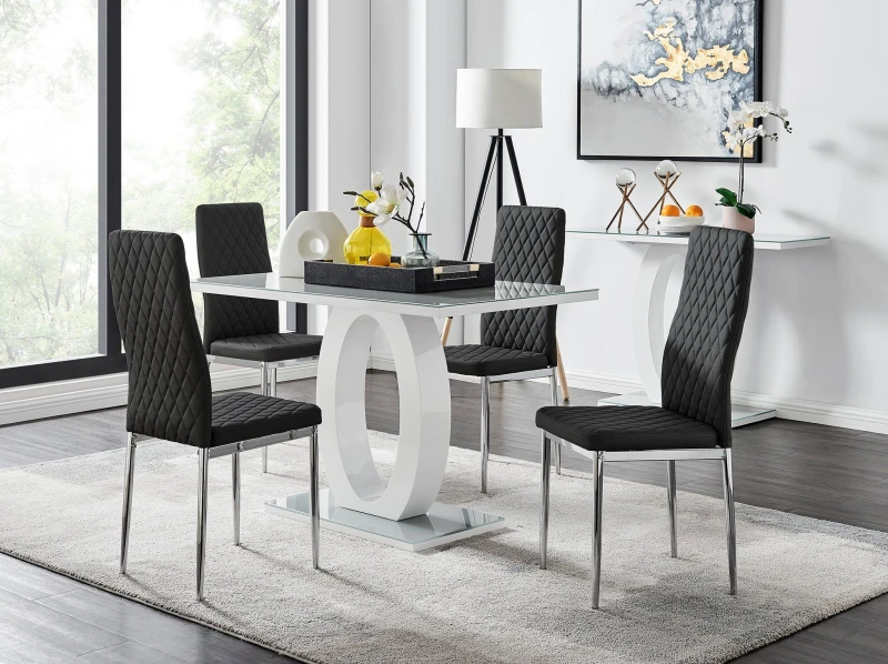 Image of FurnitureboxUK FurnitureboxUK Giovani Grey White Modern High Gloss And Glass Dining Table And 4 Milan Chairs Set in Black One Size Unisex 505654