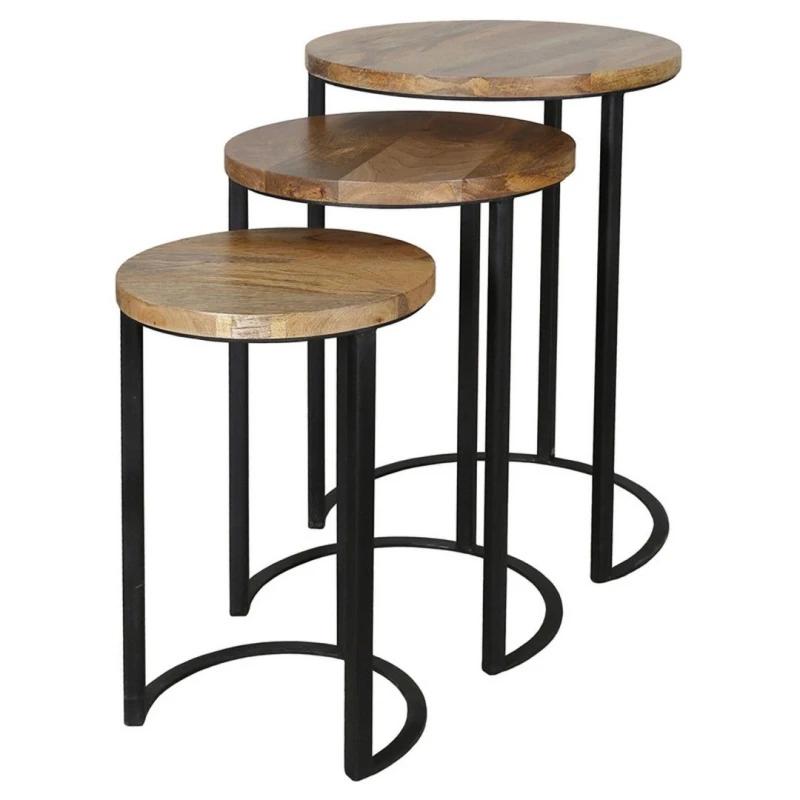 Image of Jaipur Furniture Ltd Ravi Iron Base Solid Wood Top Round Stool (Set of 3) - L43 x W43 x H65cm - Mango Light Finish in Brown Brown Unisex