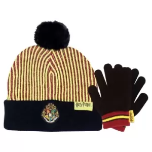 Image of Harry Potter Boys Hogwarts Crest Beanie & Gloves Set (One Size) (Black/Yellow/Red)