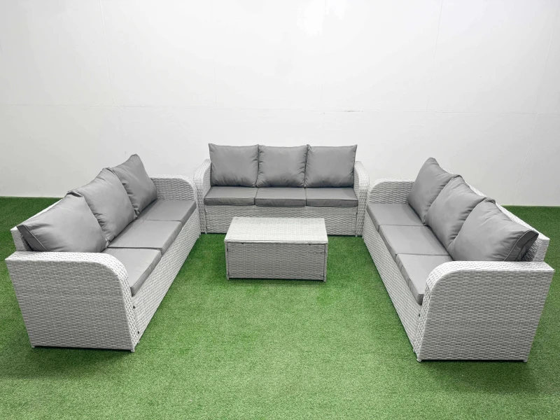 Image of Fimous PE Rattan Lounge Sofa Set 9 Seater Outdoor Garden Furniture Set with Rectangular Coffee Table 3 Seater Sofa Light Grey Light Grey