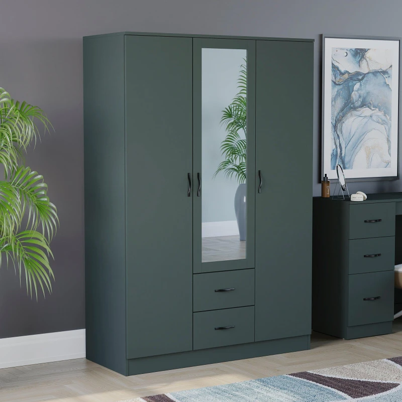 Image of Lassic Vida Designs Riano 3 Door 2 Drawer Mirror Wardrobe Jasper Green unisex 3+2