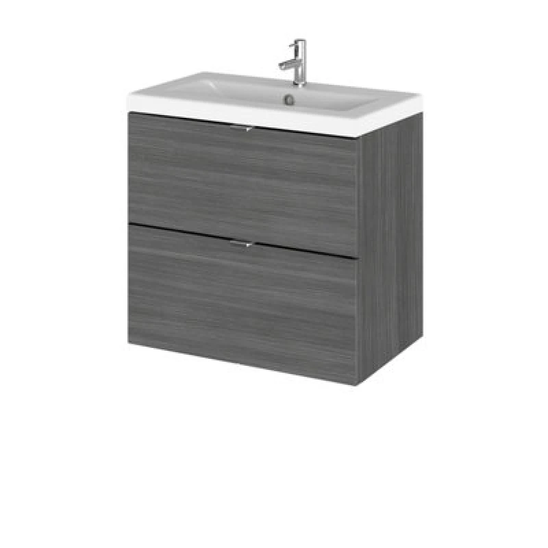 Image of Hudson Reed Fusion Wall Hung 2 Drawer Vanity Unit & Ceramic Basin, Sink Vanity Unit, Anthracite Woodgrain, 600mm