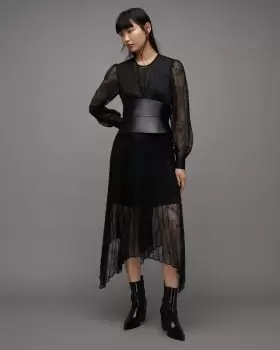 Image of AllSaints Norah Lace Pleated Asymmetric Maxi Dress