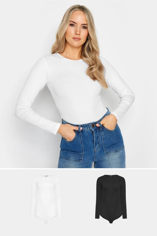 Image of Long Tall Sally Womens Tall 2 Pack Long Sleeve Bodysuits in Black Size: 14 Black Female 14