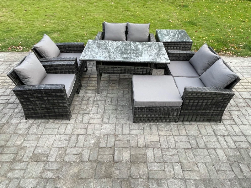 Image of Fimous Rattan Garden Furniture Set 7 Seater Patio Outdoor Lounge Sofa Set with Oblong Dining Table Double Seat Sofa Side Table in Dark Grey Dark Grey