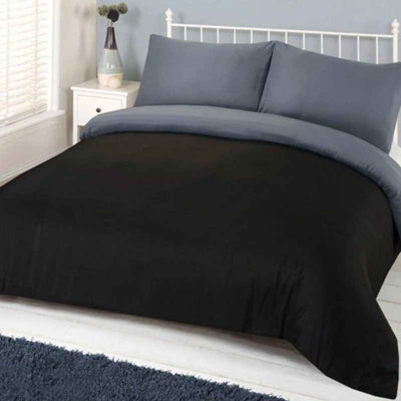 Image of OHS OHS Plain Dyed Reversible Duvet Cover Cover with Pillowcase Set in Black Size: Single Black Single Unisex 5027434099375