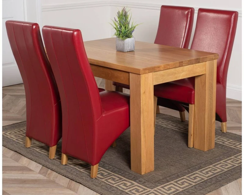Image of Thats Furniture Dakot 127 x 82cm Oak Small Dining Table & 4 Lola Leather Chairs in Red Size: 127 x 82cm Red Unisex 127 x 82 cm