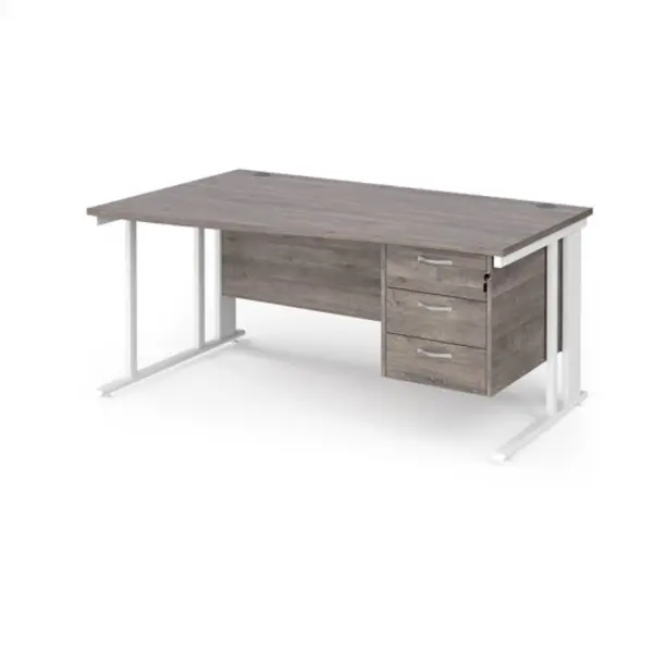 Image of Maestro 25 left hand wave desk 1600mm wide with 3 drawer pedestal - white cable managed leg frame, grey oak top