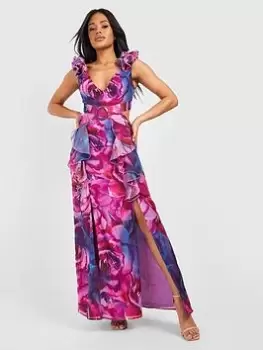 Image of Boohoo Floral Ruffle Belted Chiffon Maxi Dress - Purple, Purple, Size 16, Women