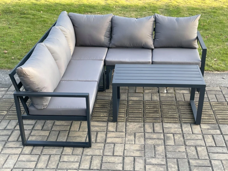 Image of Fimous Aluminium Outdoor Garden Furniture Set Lounge Sofa Coffee Table Sets Indoor Conservatory Set Dark Grey Dark Grey Unisex