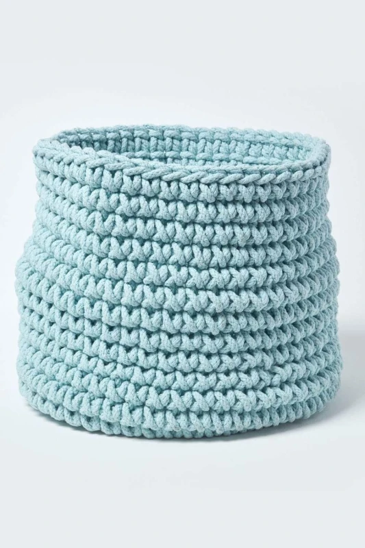 Image of Homescapes Cotton Knitted Round Storage Basket, 42 x 37cm Bright Blue