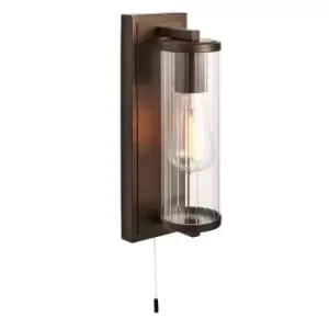 Image of Dark Bronze Bathroom Wall Light & Ribbed Cylinder Glass Shade IP44 Rated Fitting