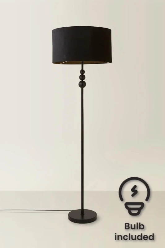Image of ValueLights Marissa Velvet Drum Shade with Black Stacked Ball Floor Lamp with LED Bulb Black