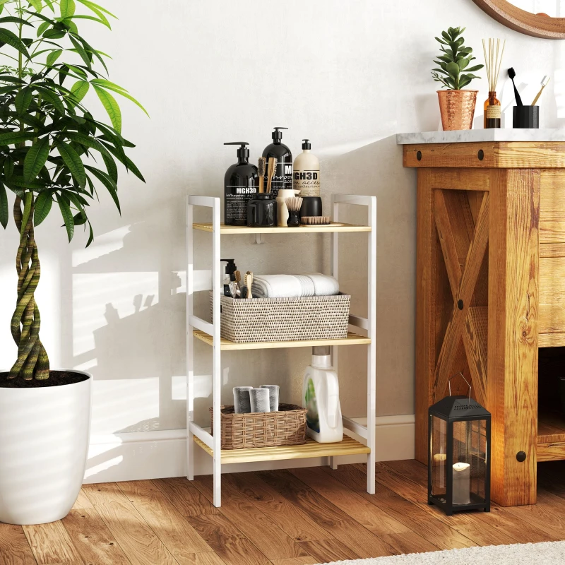 Image of HOMCOM 3-Tier Bamboo Bathroom Storage Shelf with Adjustable Rack in White White Unisex