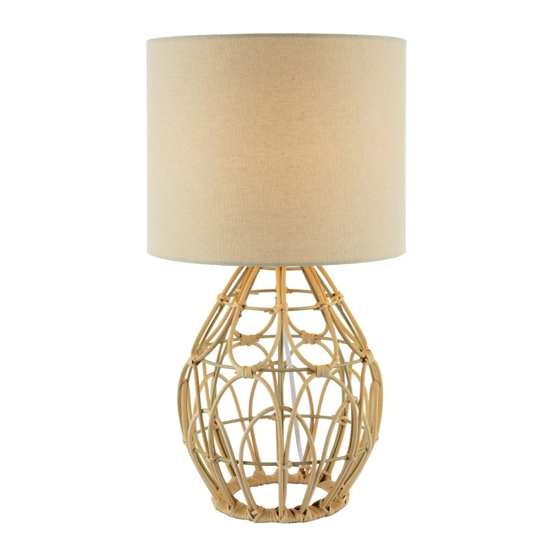 Image of Happy Homewares Traditional Vintage Wrapped Rattan Table Lamp with Cream Linen Fabric Shade in Brown Brown Unisex