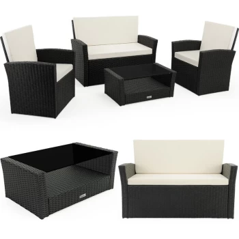 Image of Poly Rattan Lounge Set 7cm (2.7 IN) Pads 2 Armchairs Bench Table Sofa Garden Balcony Pation Outdoor Furniture Black Cream - Casaria