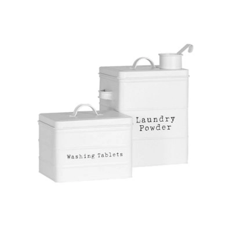Image of Harbour Housewares 2 Piece Utility Canisters Set - White - Vintage Metal Home Kitchen Canister Tin Box Utility Laundry Storage