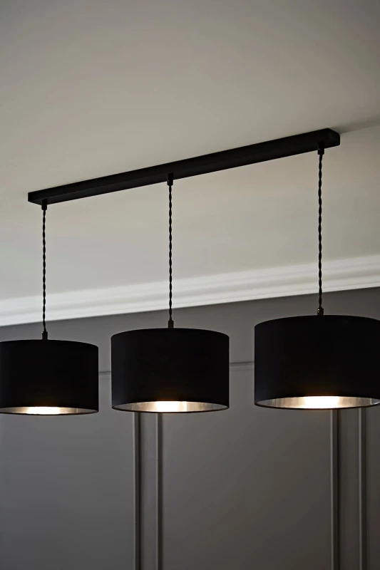 Image of ValueLights ValueLights Reni Metallic Drum Shade 3 Drop Bar Black Diner Ceiling Pendant Light in Silver Silver One Size Unisex 5059406062964