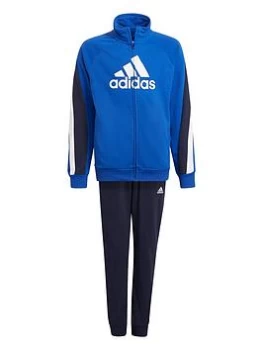 Image of adidas Junior Boys Badge Of Sport Cotton Tracksuit - Blue/Navy, Blue/Navy, Size 11-12 Years
