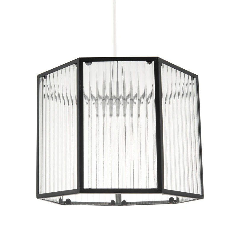 Image of Happy Homewares Vintage Industrial Lantern Pendant Shade in Black with Ribbed Glass Black Unisex