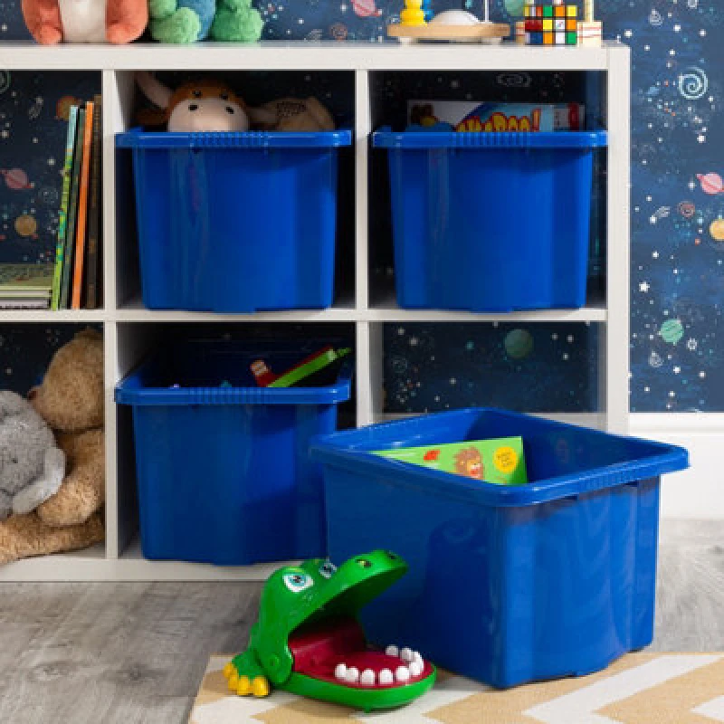 Image of Wham Stack & Store 4X 24L Plastic Storage Boxes. Ideal For Toys, Classrooms & Playrooms. Integrated Handles. Blue