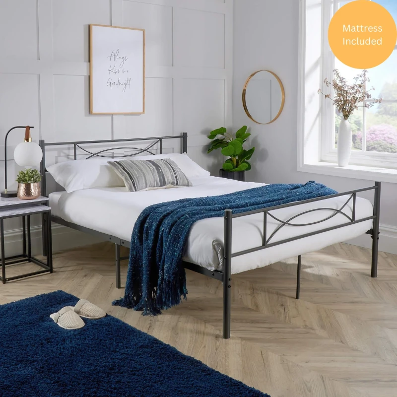 Image of Home Source Saturn Metal Frame Bed & Mattress Powder Coated Grey