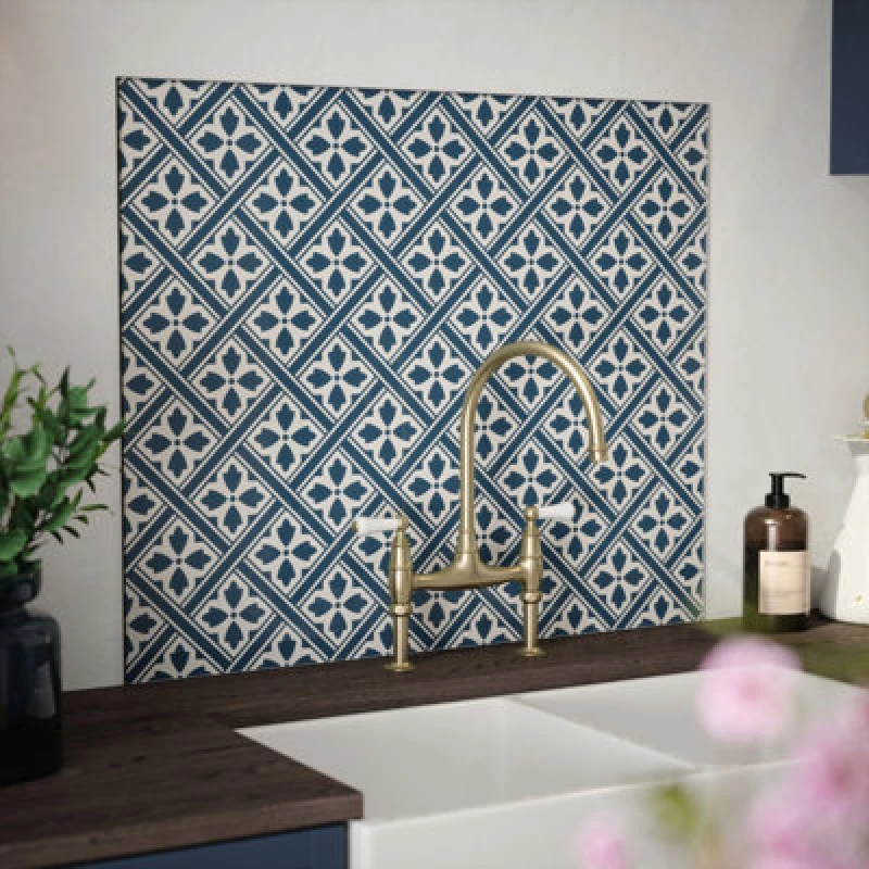 Image of Laura Ashley Mr Jones Midnight Seaspray Geometric Self-Adhesive Glass Splashback, (H)750mm (W)900mm (T)6mm