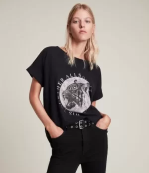 Image of AllSaints Womens Lia Imogen Boy T-Shirt, Black, Size: M/L