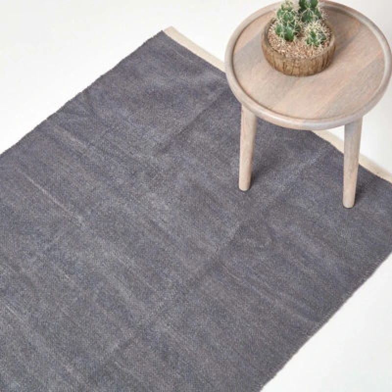 Image of Homescapes Dark Grey 100% Cotton Plain Chenille Rug With Natural Trim, 60 X 100 Cm