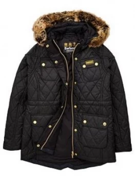 Image of Barbour International Girls Enduro Quilted Faux Fur Hooded Coat - Black, Size 6-7 Years, Women