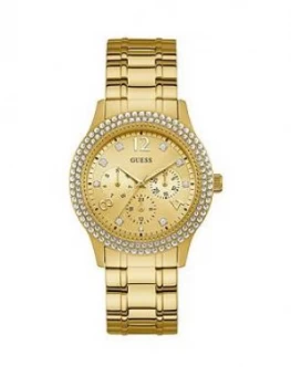 Image of Guess Guess Bedazzle Gold And Stone Set Dial With Gold Stainless Steel Strap Ladtes Watch